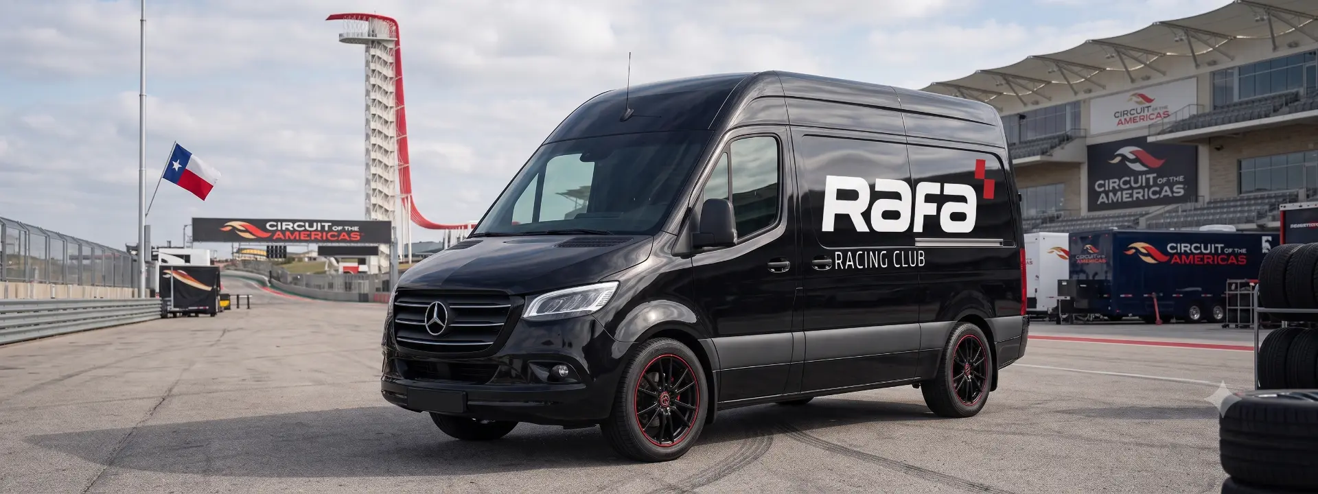 RAFA Racing Club branded Mercedes Sprinter shuttle van parked at Circuit of the Americas