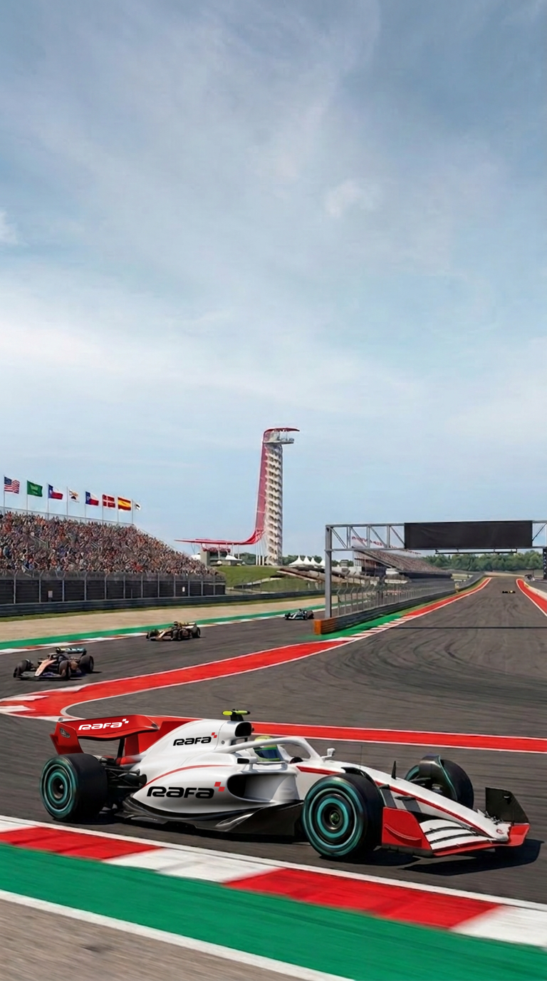Formula 1 cars racing past packed grandstands and the observation tower at Circuit of the Americas in Austin, Texas