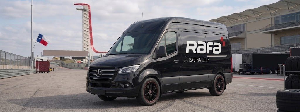 RAFA Racing Club branded Mercedes Sprinter shuttle van parked at Circuit of the Americas